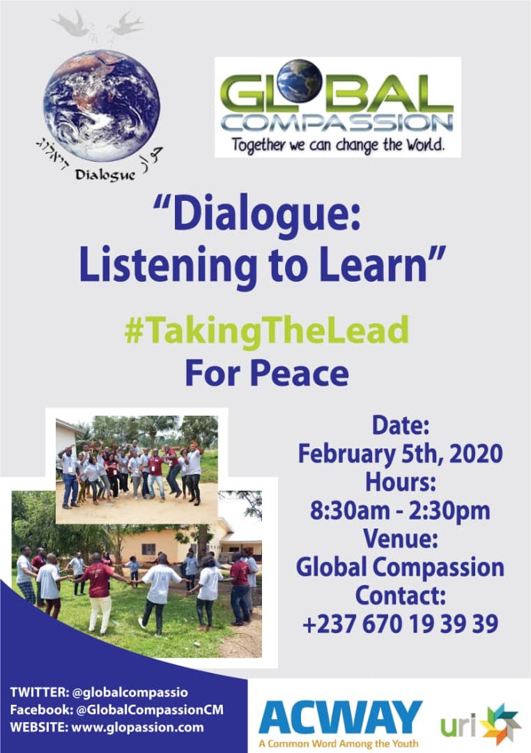 GlobalCompassio's tweet photo. We are having a session called “Dialogue:Listening to Learn” to celebrate the 10th year of the UN World Interfaith Harmony Week and the Cameroon National Youth Week.

Join Us today at our office in Santchou, Cameroon to build peace.

#UNWIHW
#ACWAY 100
#TakingTheLead
#Peace https://t.co/lLaHQFY5Kg