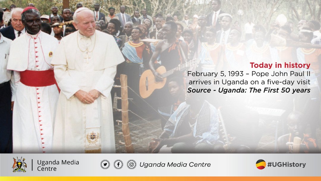 UgandaMediaCent's tweet photo. Today in History
February 5, 1993 – Pope John Paul II arrives in Uganda on a five-day visit #UGHistory https://t.co/bZWFxvKtKB