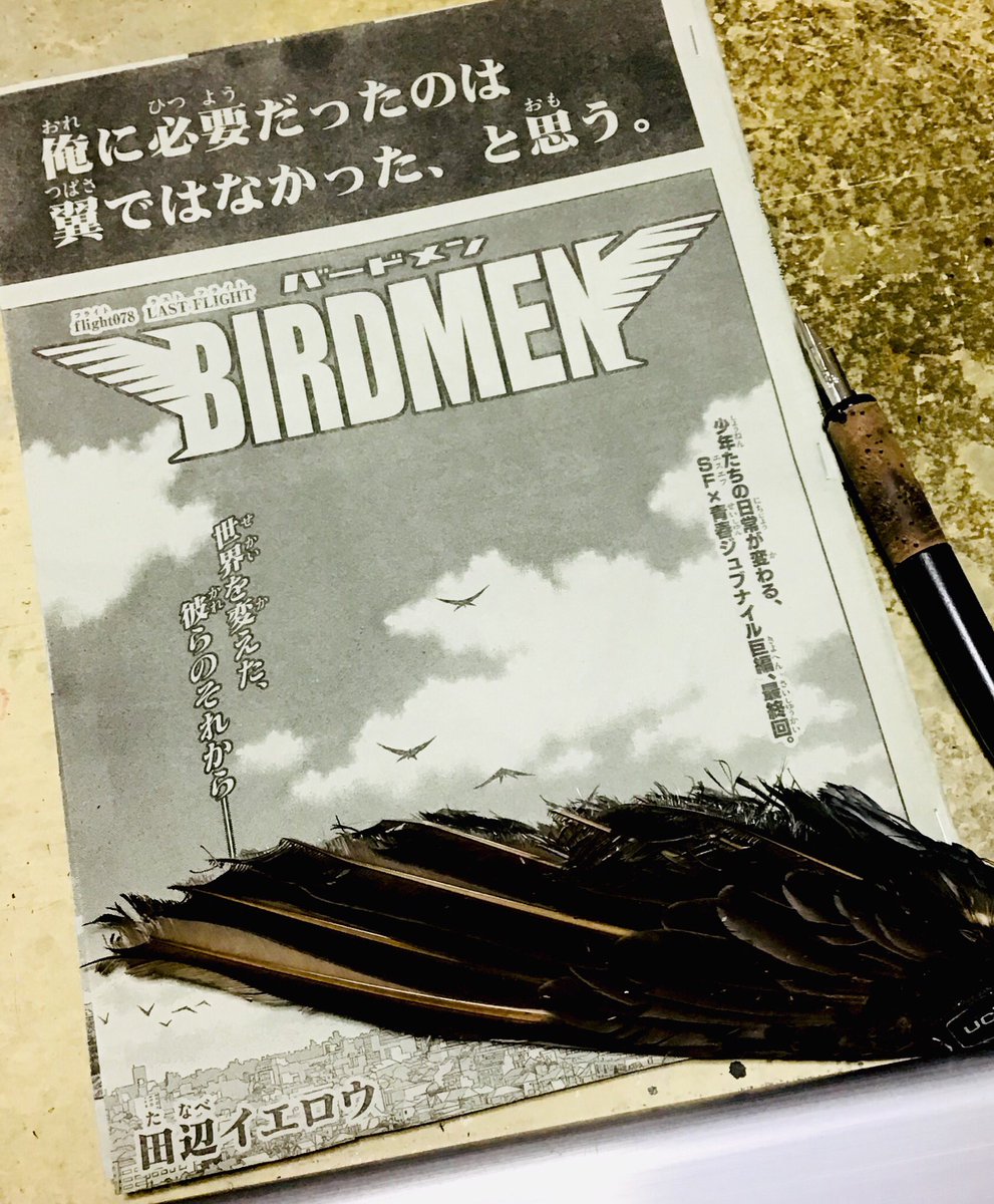 本日発売の週刊少年サンデー10号にBIRDMEN載ってます。最終回だよ‼️
この話の主人公は鷹山と烏丸だと思ってるので、両者の最後のセリフを思うと感慨深いかもよ!

ちゃんと終われてとりあえずひと安心です。
3月に最終16巻が出る予定なのでよろしくー! 