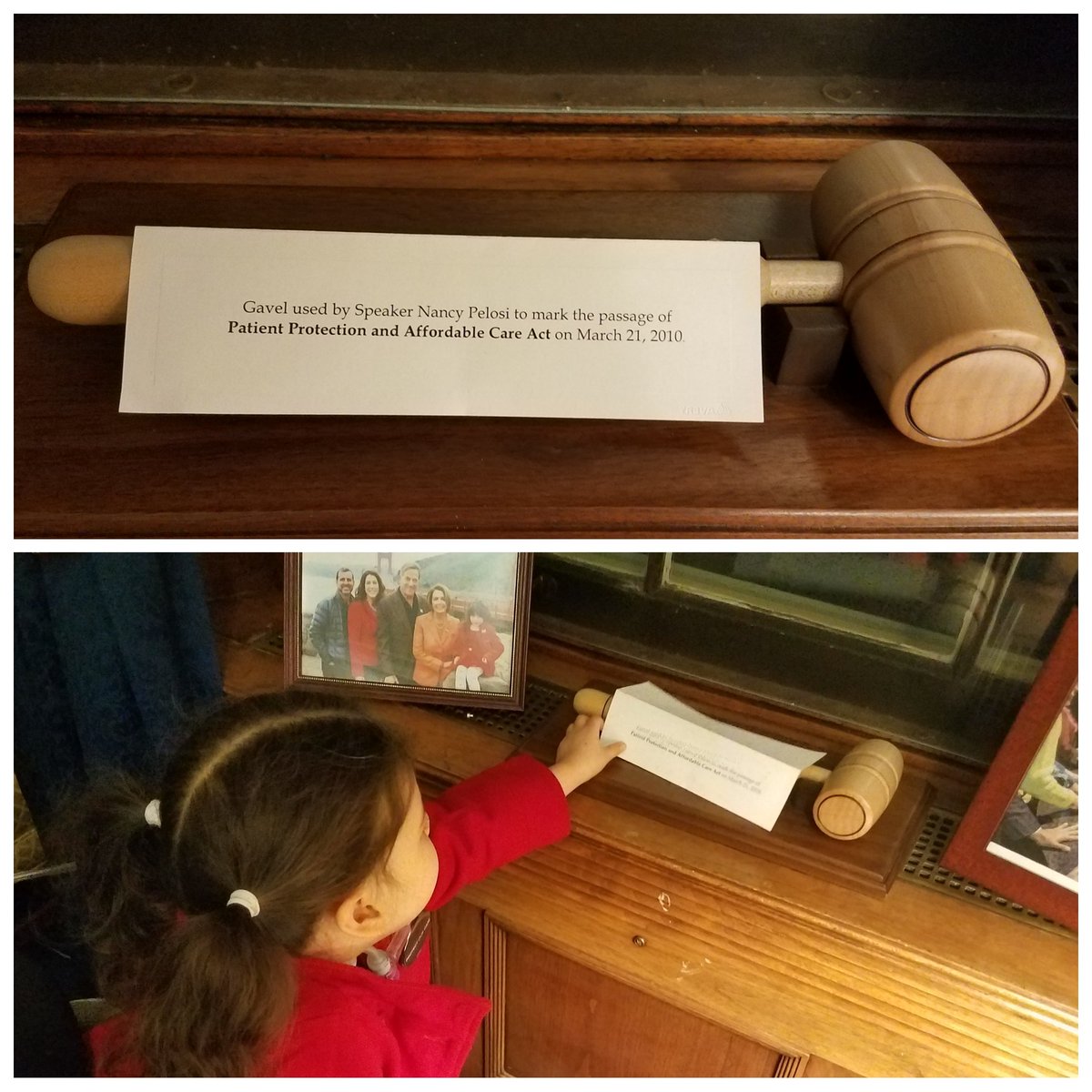 Collage of two photos. 
Top photo: gavel with a note that says "Gavel used by Speaker Nancy Pelosi to mark the passage of Patient Protection and Affordable Care Act on March 21, 2010"
Bottom photo: young girl in a wheelchair wearing a red coat reaching for the same gavel