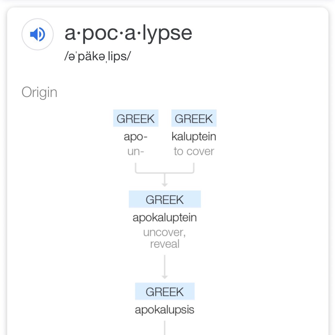 Apocalypse means to uncover or reveal.A sudden revelation of truth.The veil, lifted.The spell, broken.The Awakening.