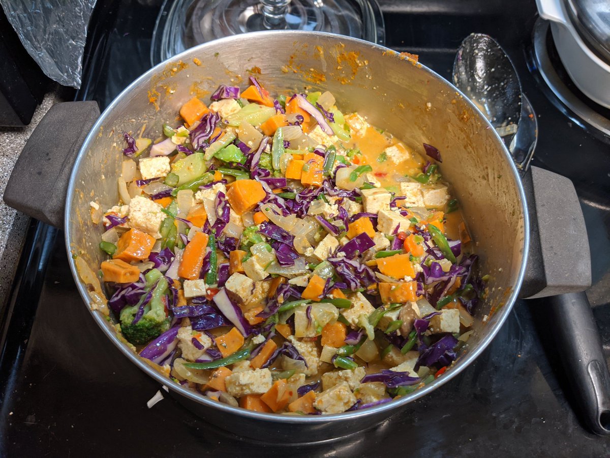 A nearly full pot of Thai curry, with the cabbage still raw. All that's left to add now is the rice.