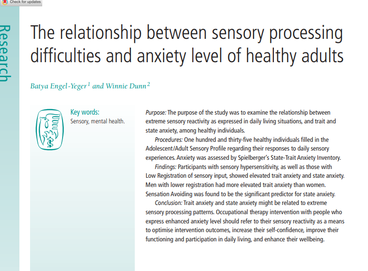 SINetwork's tweet photo. The authors of this #research paper found that trait anxiety and state anxiety may be linked to extreme sensory processing patterns: https://t.co/5TWiGPzgMY

#CPD #SensoryProcessing #anxiety #SensoryIntegration #mentalhealth https://t.co/CcvkpMI1bf