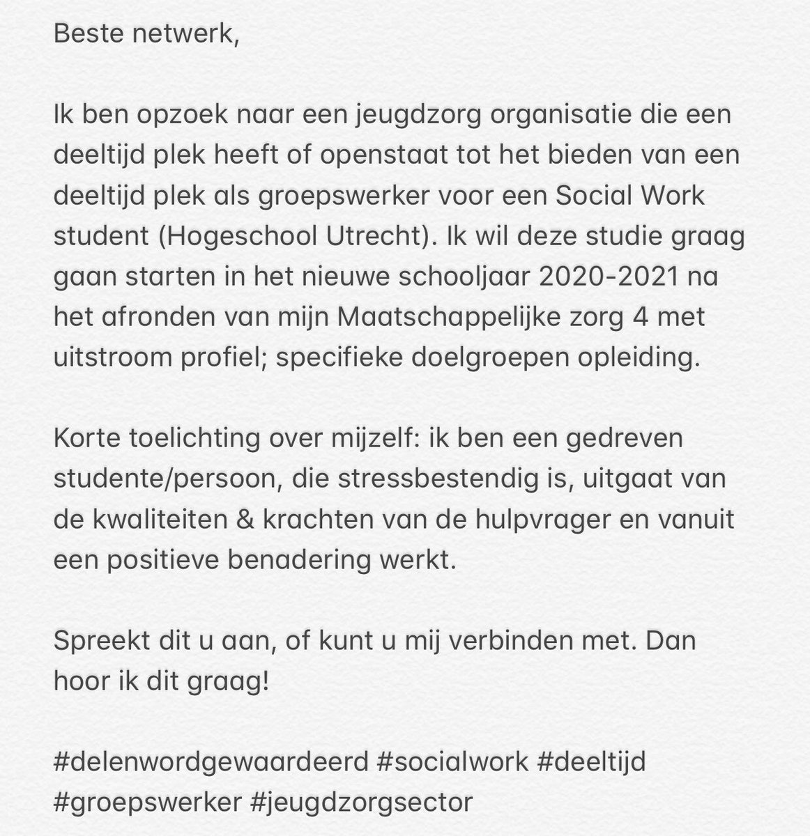 DittyMara's tweet photo. Opzoek naar een werkplek als groepswerker jeugdzorg #socialwork #deeltijd #werkplek #stratschooljaar20202021 #durftevragen https://t.co/0tXfCGDHOC