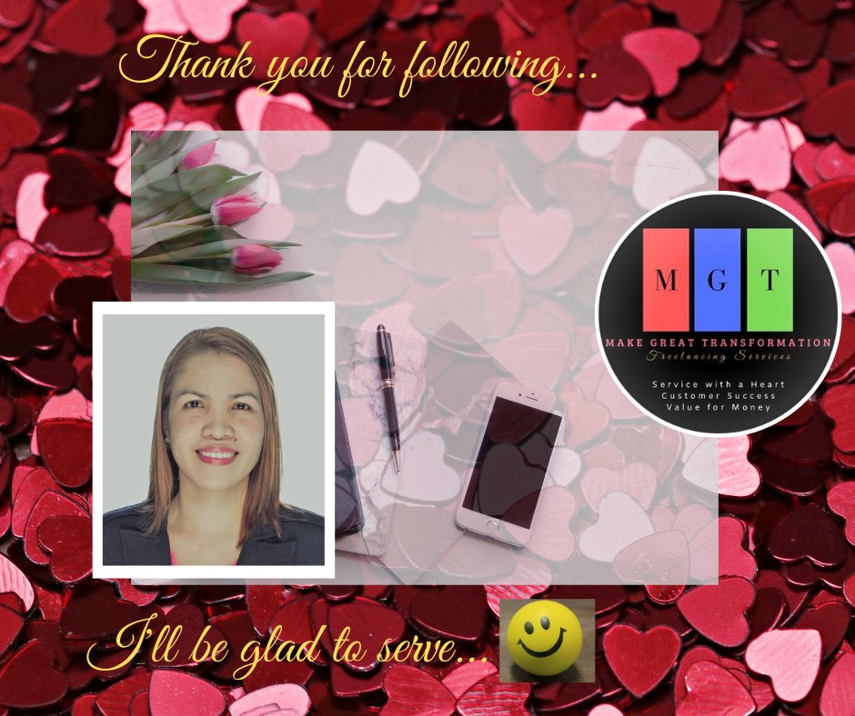 mgtfreelancer's tweet photo. Hi Welcome to MGT (Make Great Transformation) #freelancingservices!!! 😊😊😊
#virtualassistant #generalvirtualassistance #dataentry #transcription #internetresearch #executiveassistant #smm #webdesign #contentmarketing #seo #emailmarketing #leadgeneration https://t.co/bczOJhzL2J