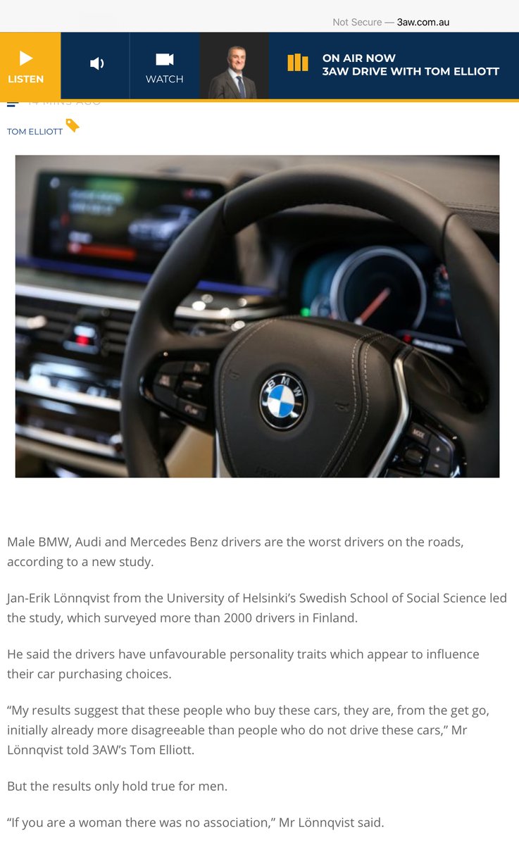 MikeChillit's tweet image. #BadResearch I hope someone takes this character to the woodshed. He conducted a “study” in Finland, on Finish drivers, and he immediately tries to generalize his findings to all drivers around the world. “Unfavorable personality traits”! LOL. 3aw.com.au/the-car-brands…