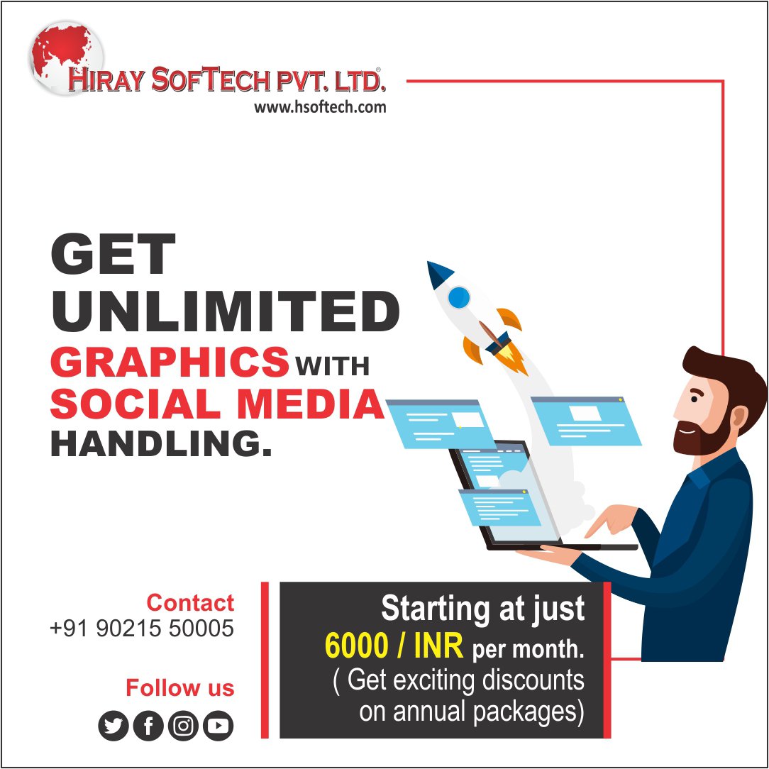 hiraysoftech's tweet photo. Get #UnlimitedGraphics with #SocialMediaManagement,
Starting at just 6000 / INR per month. 
( Get exciting discounts on annual packages)

#ContactNow Or Visit the below link
for more details
https://t.co/FgdOnR5ivS https://t.co/4TU1paBkSe