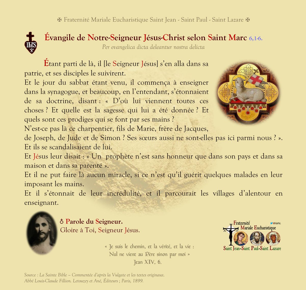 IRFMx's tweet photo. L’#Évangile du #jour :
« Et le #jour du #sabbat étant #venu, le #Seigneur #Jésus #commença à #enseigner dans la #synagogue […] Et ils se #scandalisaient de lui.
Et il leur #disait : “Un #prophète n’est sans #honneur que dans son #pays et dans sa #maison et dans sa #parenté” ». https://t.co/celCwL0zv1