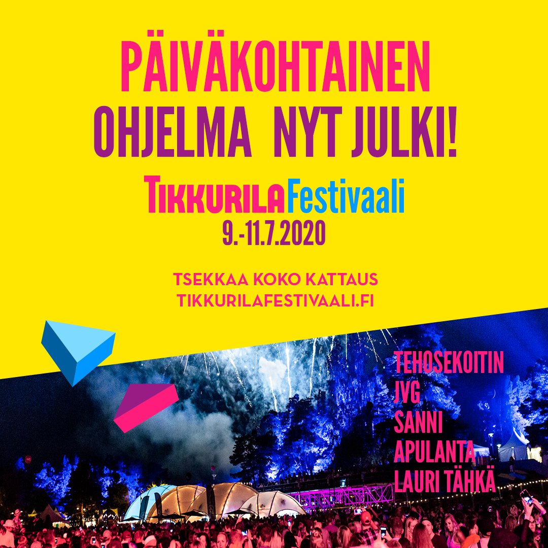 Tikkurila Festivaalinen timanttinen ohjelma on nyt julkaistu! 💎 Ensi kesänä Tiksin lavoille nousevat Tehosekoitin, JVG, Anna Puu, Apulanta, SANNI sekä monet muut upeat kotimaiset eturivin artistit! 🎶 Tsekkaa koko ohjelma ja hanki lippusi osoitteesta tikkurilafestivaali.fi 💛