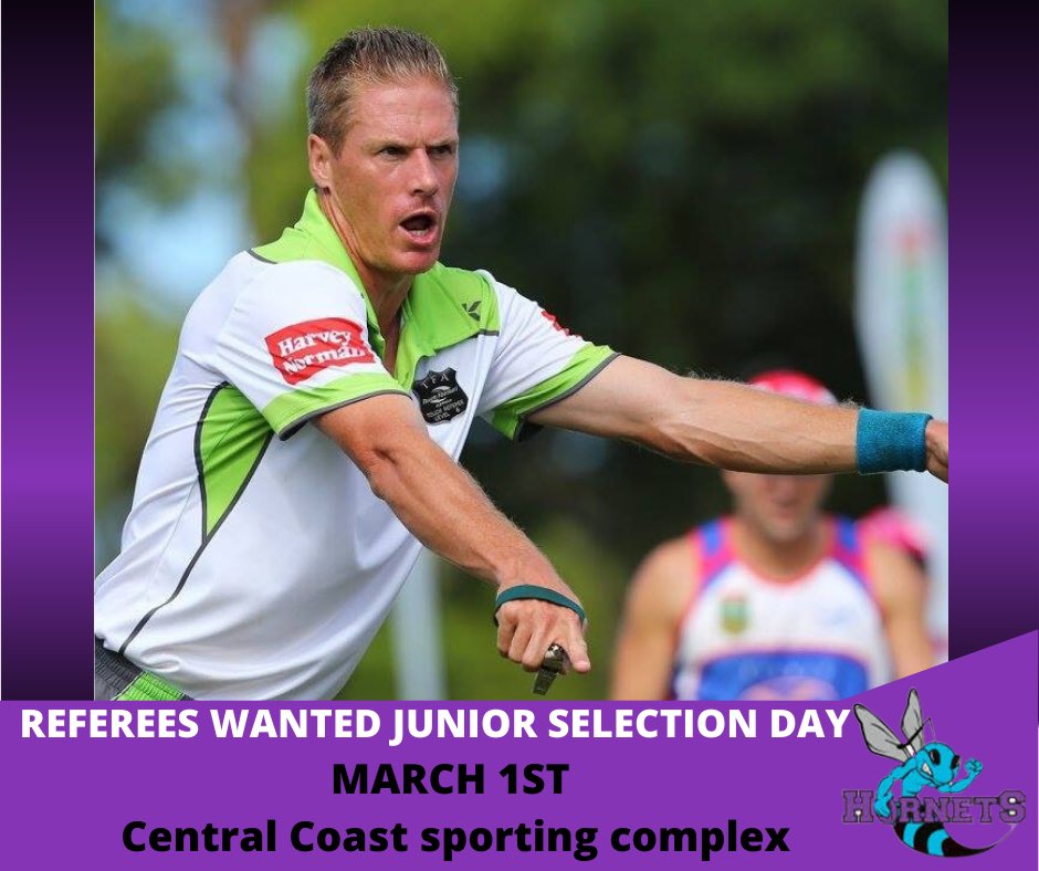 Junior selection trials 

Referees required 

March 1st 11am to 2pm

Tuggerah sporting complex

If available please contact 

referees@hornetstouch.com.au