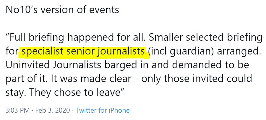 No 10 briefing on Europe for a select few "specialist senior journalists" of Johnson's choiceInvited: The SunUninvited: The Times So Brexit it hurts #EngCon  #IngCon  #BrexitBrother