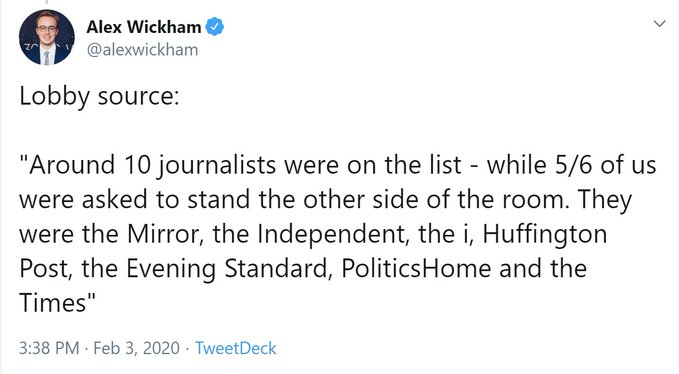 No 10 briefing on Europe for a select few "specialist senior journalists" of Johnson's choiceInvited: The SunUninvited: The Times So Brexit it hurts #EngCon  #IngCon  #BrexitBrother