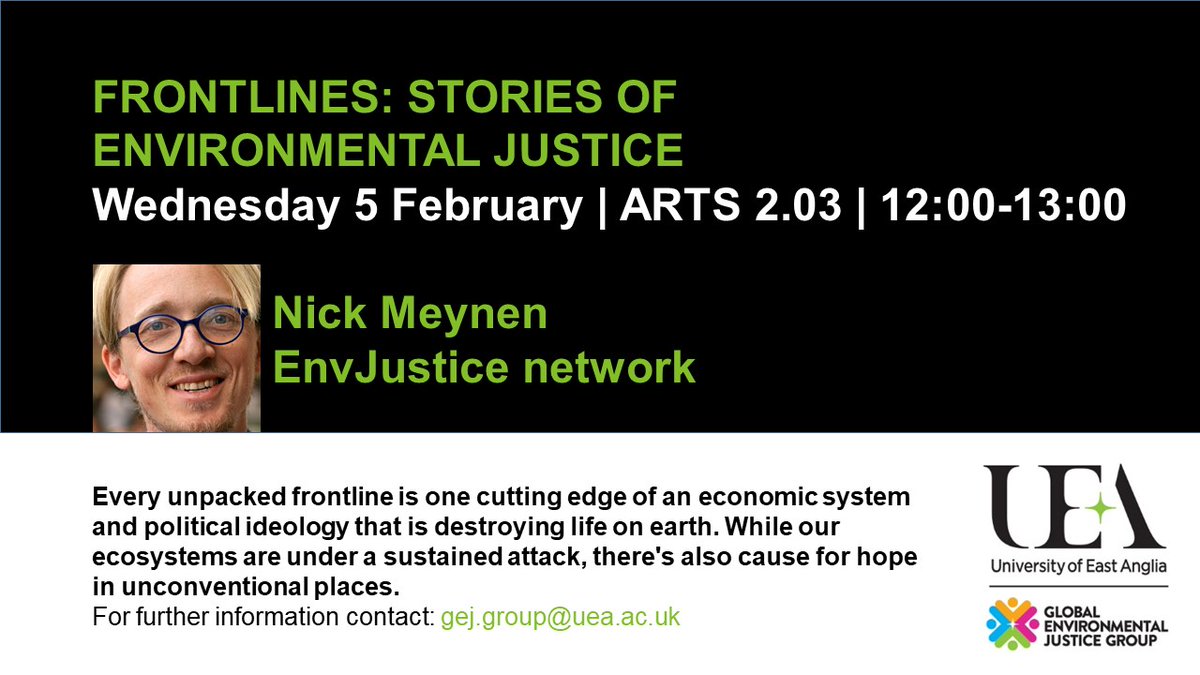 TODAY!
<a href="/NickMeynen/">Nick Meynen</a> from <a href="/EnvJustice/">EnvironmentalJustice</a> visits <a href="/developmentuea/">Development UEA 🌍</a> to present a seminar about what the stories from the global movement for #environmentaljustice tell us about the economic transition we need.
Wednesday 5 February | ARTS 2.03 | 12:00-13:00