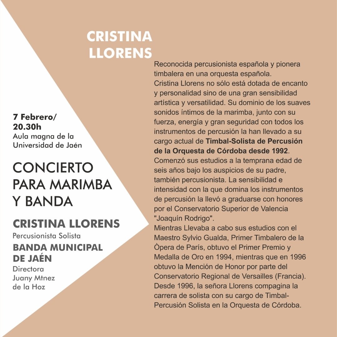 CulturaTurism's tweet photo. 🎼No todos los días contamos en un concierto de nuestra @BandaMdeJaen con una reconocida percusionista 🥁 española y pionera timbalera de una orquesta española como Cristina Llorens.
Será este viernes, 7 de febrero en el Aula Magna de la UJA a las 20:30 h 🕣.
Te esperamos‼️#jaen https://t.co/xMCF3CYSY9