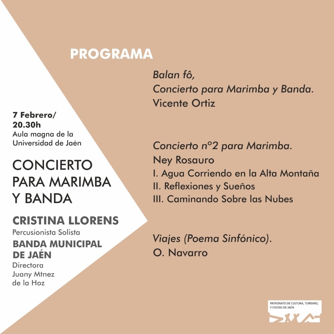 CulturaTurism's tweet photo. 🎼No todos los días contamos en un concierto de nuestra @BandaMdeJaen con una reconocida percusionista 🥁 española y pionera timbalera de una orquesta española como Cristina Llorens.
Será este viernes, 7 de febrero en el Aula Magna de la UJA a las 20:30 h 🕣.
Te esperamos‼️#jaen https://t.co/xMCF3CYSY9