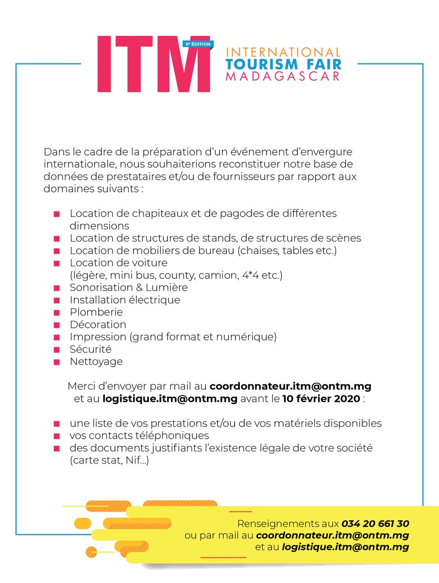 itm_salon's tweet photo. Dans le cadre de la préparation d’un événement d’envergure
internationale, nous souhaiterions reconstituer notre base de données de prestataires et/ou de fournisseurs par rapport aux domaines suivants : https://t.co/wwfyXkSk8E