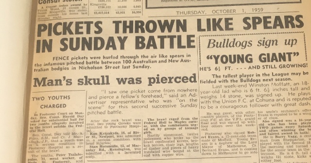 in 1959 there was a huge brawl (sounds like it was between Anglo Australians and European migrants? unclear) at a rock n’ roll club in Footscray and it started a huge drama around youth culture, bodgies and widgies, rock music, and xenophobia