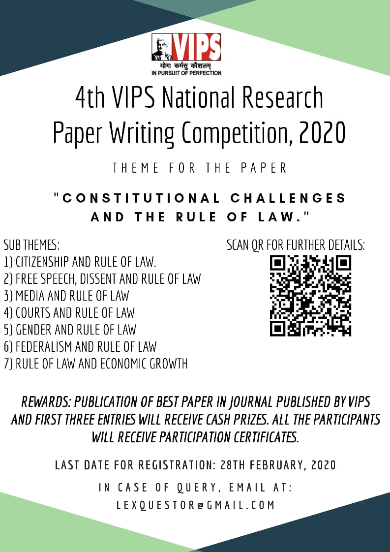 VIPS_Delhi's tweet photo. #WednesdayTrivia
Research leads us to innovation!
#VIPS is proud to announce the 4th National Research Paper #WritingCompetition.
Students can submit their #researchpapers on the theme '#ConstitutionalChallenges & the #RuleofLaw by 28th Feb. Best entries to win rewards!
More: https://t.co/Uzt6XQFZGK