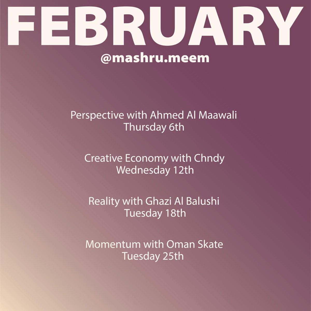 MashruMeem's tweet photo. What's happening this month at @MashruMeem. Save the dates 👏 https://t.co/9qMsDYTIJy