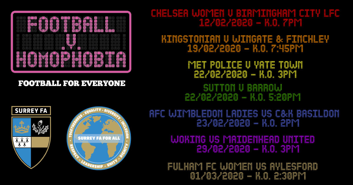 surreyfa's tweet image. 🌈 We're proud to continue our support for @FvHtweets Month of Action with our dedicated fixtures across Surrey! ⚽️

Please come along to any of the games below to show your support and make football a place for everyone! 🙌

#ThisIsSurreyFootball #ForAll @suttonunited @wokingfc