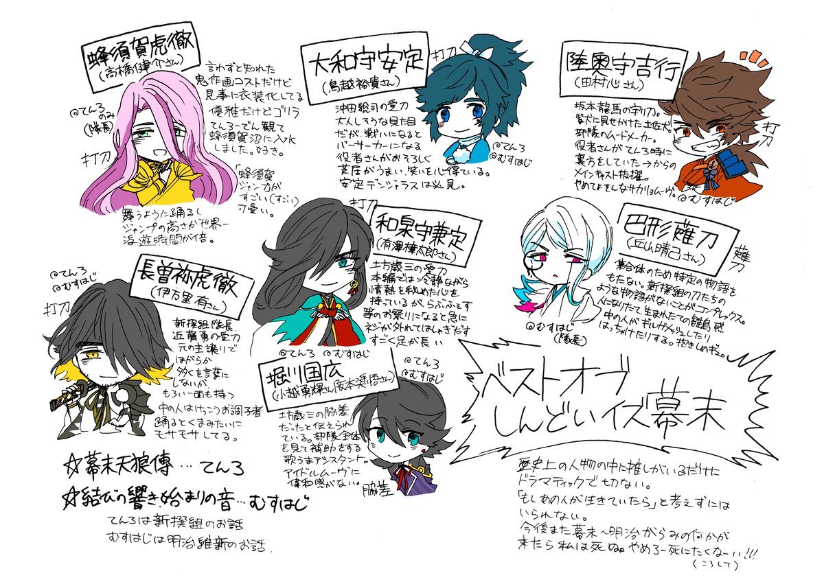 刀ミュ未履修の友人が歌合遠征に付き合ってくれた際に少しでも楽しんでもらいたいと用意した私の独断と偏見と汚い字しか詰まってない刀ミュあっさりプレゼン資料です。ほんとに独断と偏見しか詰まってないし一回しか観てない作品もあるのでうろ覚えあらすじです。とにかく詳細はご自身の目でご覧(4/8)