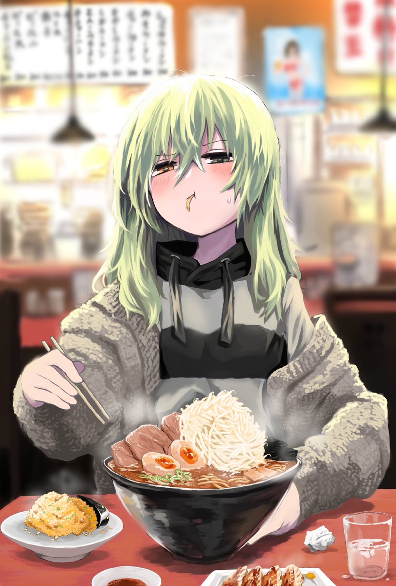 1girl food chopsticks green hair noodles solo ramen  illustration images