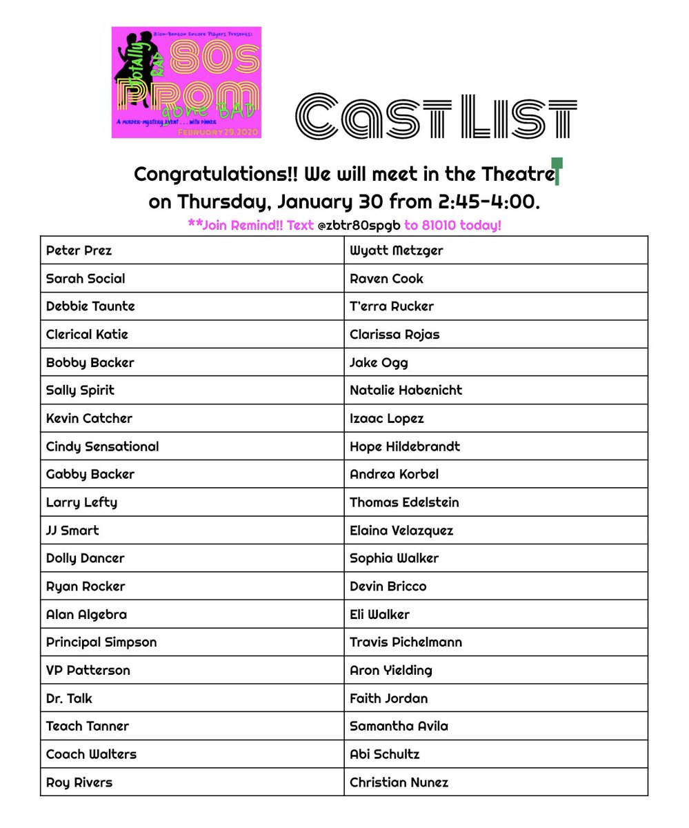 EncoreZb's tweet photo. Congratulations to our Murder Mystery Cast! See you on Thursday! More information on tickets soon!! https://t.co/POEf0ezaNk