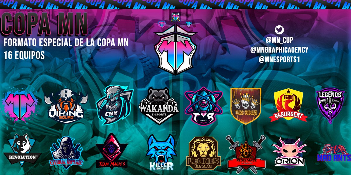 Presentación de los 16 equipos que disputarán en la #CopaMN 
Ellos son: 

@MNESPORTS1 
<a href="/VikingsSQ/">Viking Squad</a> 
<a href="/CbxEsports/">CBX Esports (Desde 🏡🎮📱)</a> 
@WakandaEsportss 
<a href="/TR_eSports_ES/">TR eSports 🚀</a> 
<a href="/ThreeCrownsGG/">ThreeCrowns™</a> 
<a href="/Orion_eSportsGG/">Orion eSports (Desde 🏡)</a> 
                                                                                  1/2