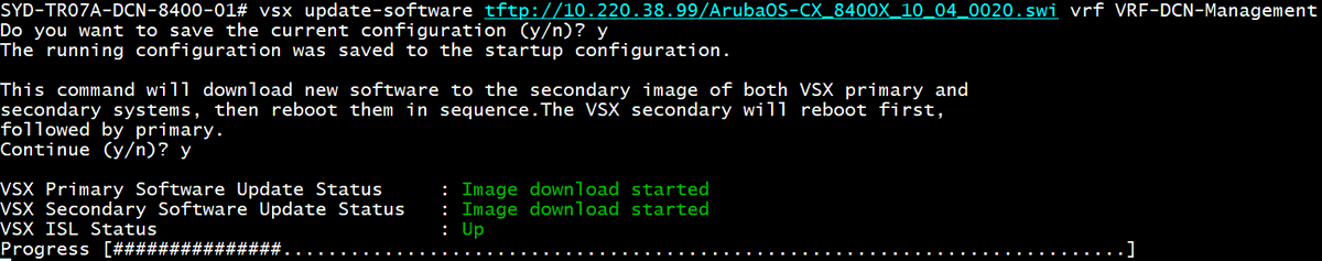 _rwl's tweet photo. Just did a VSX live upgrade on a pair of @ArubaNetworks CX 8400 switches. Such an easy way to do an upgrade! #SwitchForward https://t.co/FwHUWCgrhs