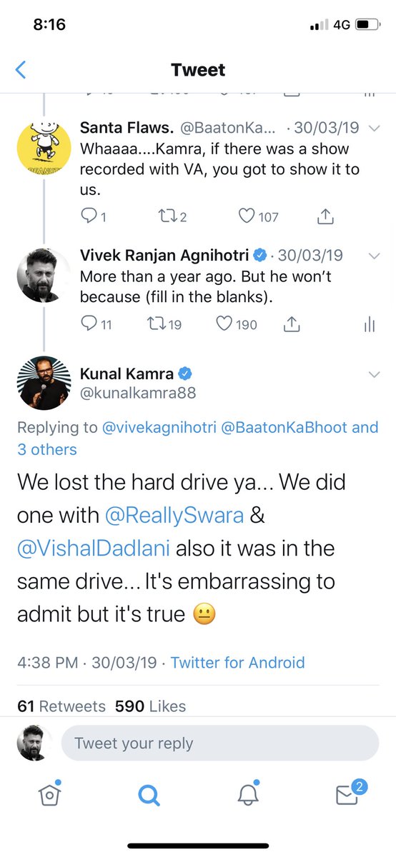 vivekagnihotri's tweet photo. The interview was never released. I asked him few times and he said they were editing. 

Finally, when cornered on Twitter he made the excuse that he lost tapes. 

In my 20 yrs of TV experience I have never seen any recording getting lost as there are many instant back ups. 6/n https://t.co/z26OLpq5uj