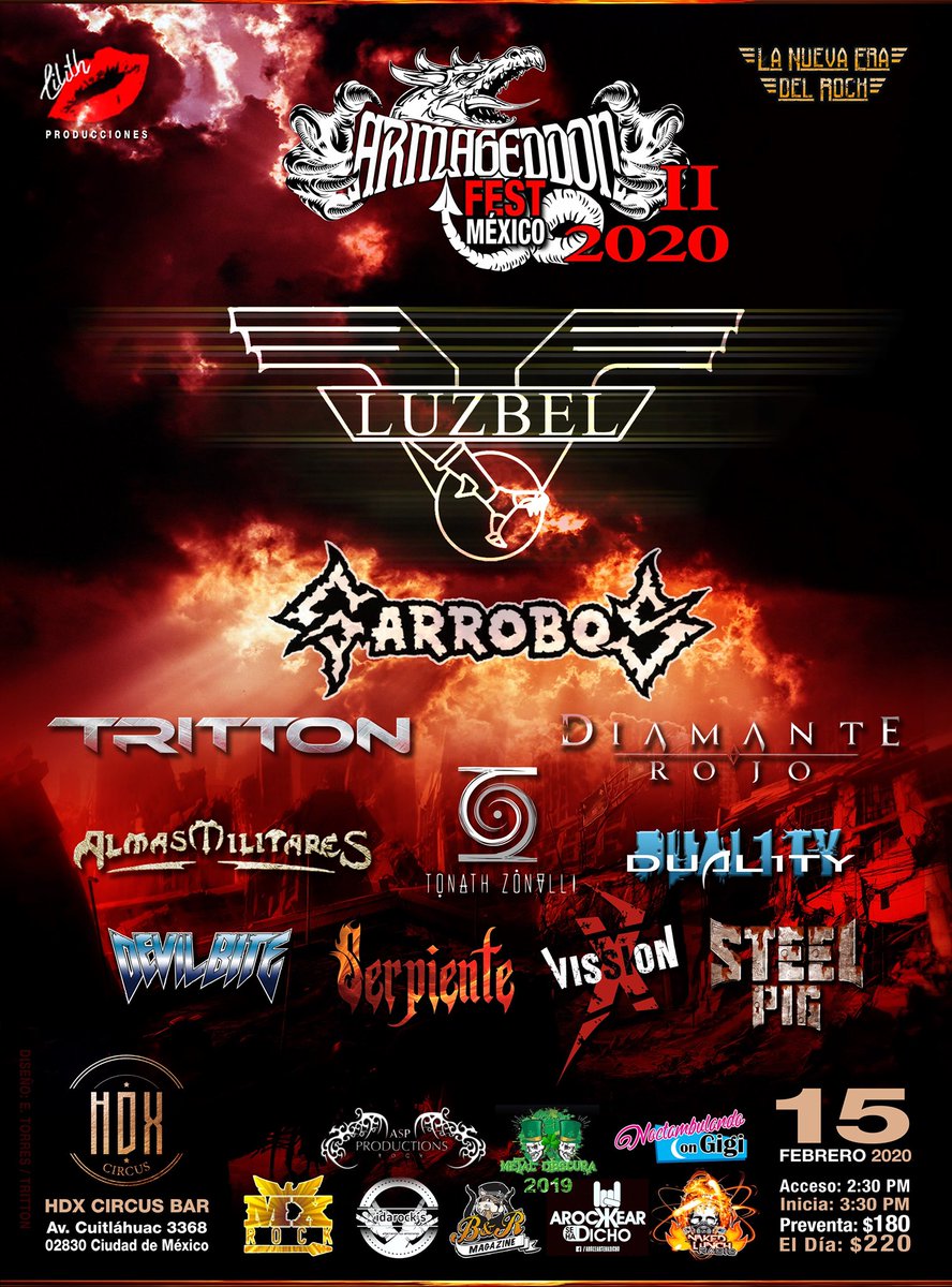 DevilbiteMX's tweet photo. Nos vemos en 
🔥🔥Armaggedon Fest II 🔥🔥

en @hdxcircusbar este 15 de Febrero 2020
 
@LuzbelOficial #garrobos @trittonmetal @diamanterojooficial @almasmilitaresoficial @TonathZonalli  @DevilbiteBand
@steelpigmx @dual1tyofficial   #vissionx

Acceso 2:30 p.m. https://t.co/Vy5TGFaoLL
