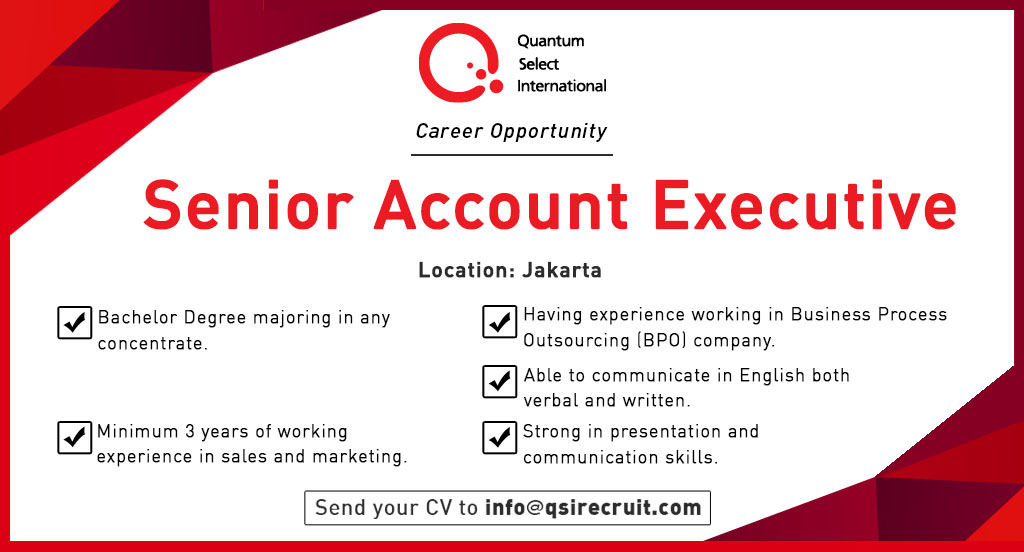 QSIrecruit's tweet photo. Urgently looking for Senior Account Executive, please send your CV to info@qsirecruit.com
#careeropportunity #LOWONGANKERJA #JobVacancy  #jobseeker  #InfoLoker #loker2020 https://t.co/JxdYVZDpYE