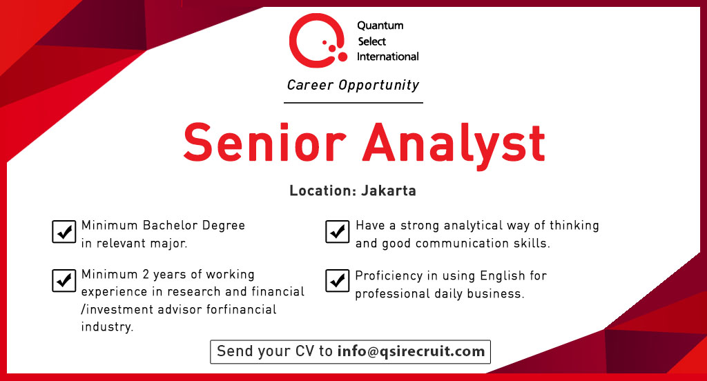 QSIrecruit's tweet photo. Urgently looking for Senior Analyst, please send your CV to info@qsirecruit.com
#careeropportunity #LOWONGANKERJA #JobVacancy  #jobseeker  #InfoLoker #loker2020 https://t.co/eil9Tf4hOd