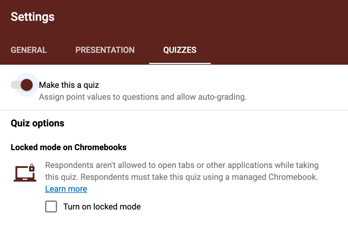 JCasaTodd's tweet photo. Did you know that Locked mode is a quiz option in Google Forms when your students are using Chromebooks? It prevents students from opening other tabs while completing a quiz. https://t.co/pjxuQ1laBl