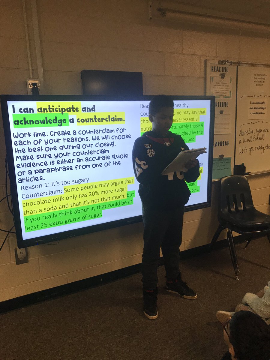 MrsHenderson73's tweet photo. It’s so exciting and rewarding when students beg to share their work! We started counterclaims today. It was challenging but we persevered and had fun arguing the other side #writersworkshop #counterclaims @bakerelembears #journeytoawe https://t.co/d4Kxjzezv0