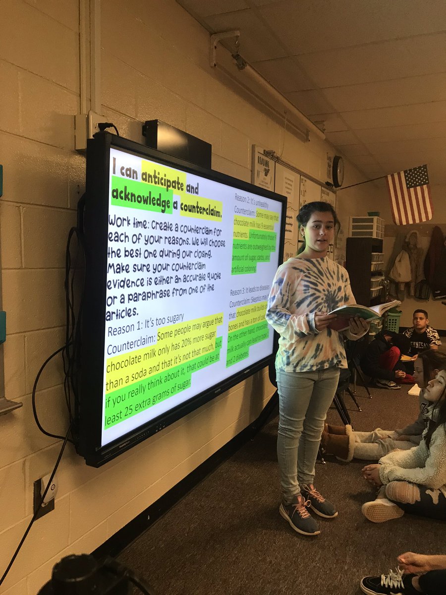 MrsHenderson73's tweet photo. It’s so exciting and rewarding when students beg to share their work! We started counterclaims today. It was challenging but we persevered and had fun arguing the other side #writersworkshop #counterclaims @bakerelembears #journeytoawe https://t.co/d4Kxjzezv0