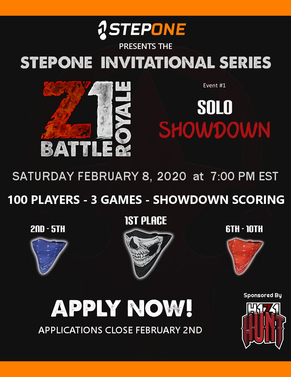 StepOneGG's tweet image. Applications are now open for our upcoming @Z1BattleRoyale (H1Z1 PC) Invitational Solo Showdown Tournament on February 8.

Apply here:  forms.gle/YSvChtBByx3s7G…