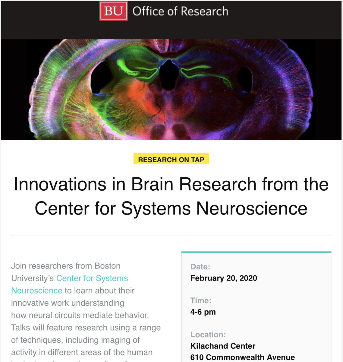 Research on Tap: Innovations in Brain Research, Feb. 20th, 4-6PM, @BostonUResearch, @buCSNneuro, @KilachandCenter, @BUresearch, @BUexperts