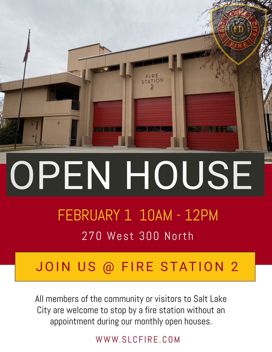SLCFDCommunity's tweet photo. Join us this weekend at Fire Station 2’s open house event. Tour the station, meet your neighborhood firefighters, and learn about this station’s response area. This event is open to all members of the community. #utahscapitalcityfire #slcfire #slcfirestationopenhousesalt lake https://t.co/nIJxrloqeT