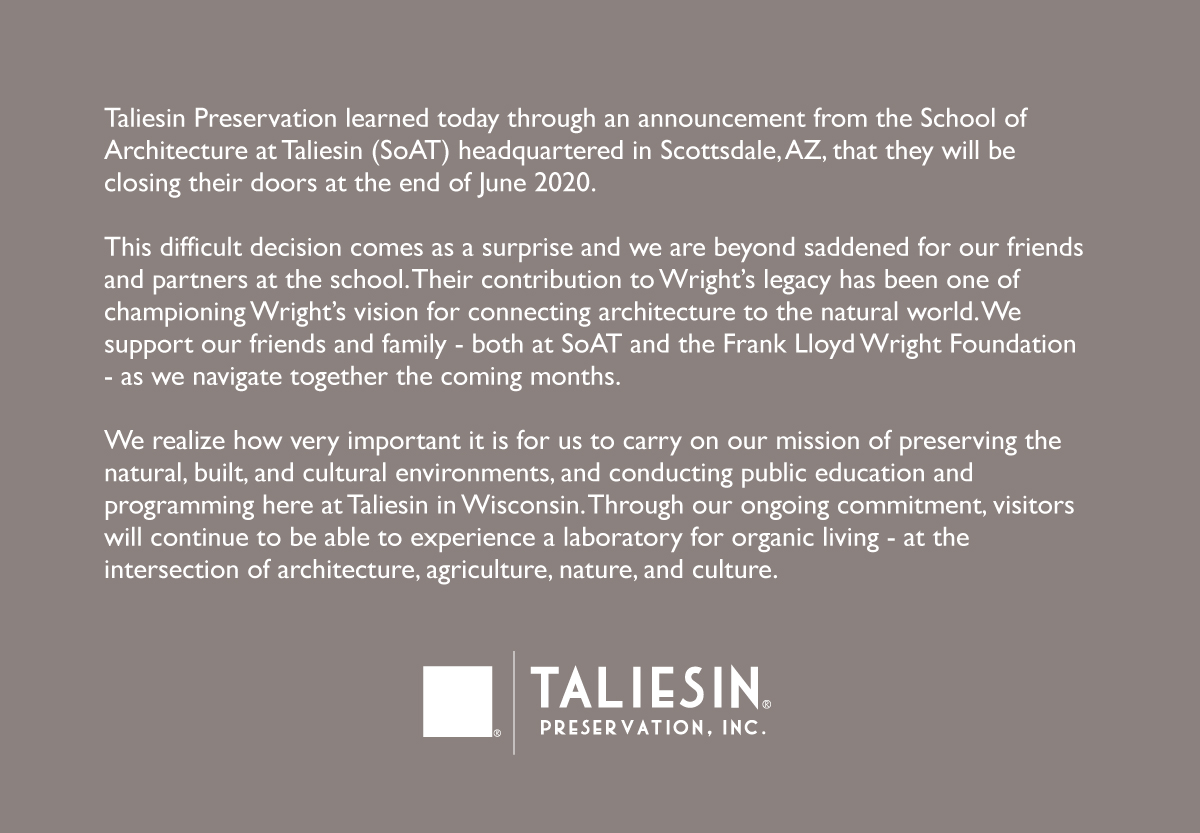 taliesin_wi's tweet photo. It is with heavy hearts we announce the closing of @archat_taliesin at Taliesin this June. #PressRelease https://t.co/8OkVcCtcVK