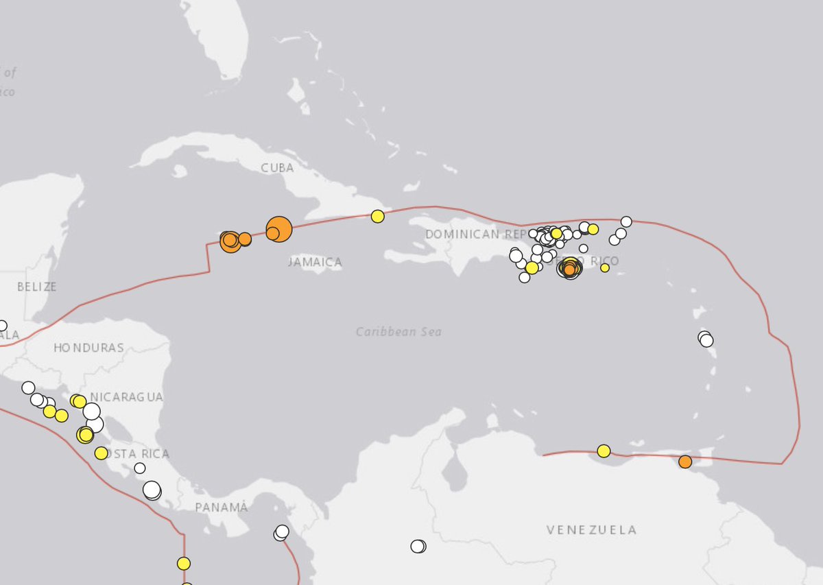 Context map of seismic activity within the Caribbean region within the last month showing a cluster at Puerto Rico, and a cluster near the Cayman Islands