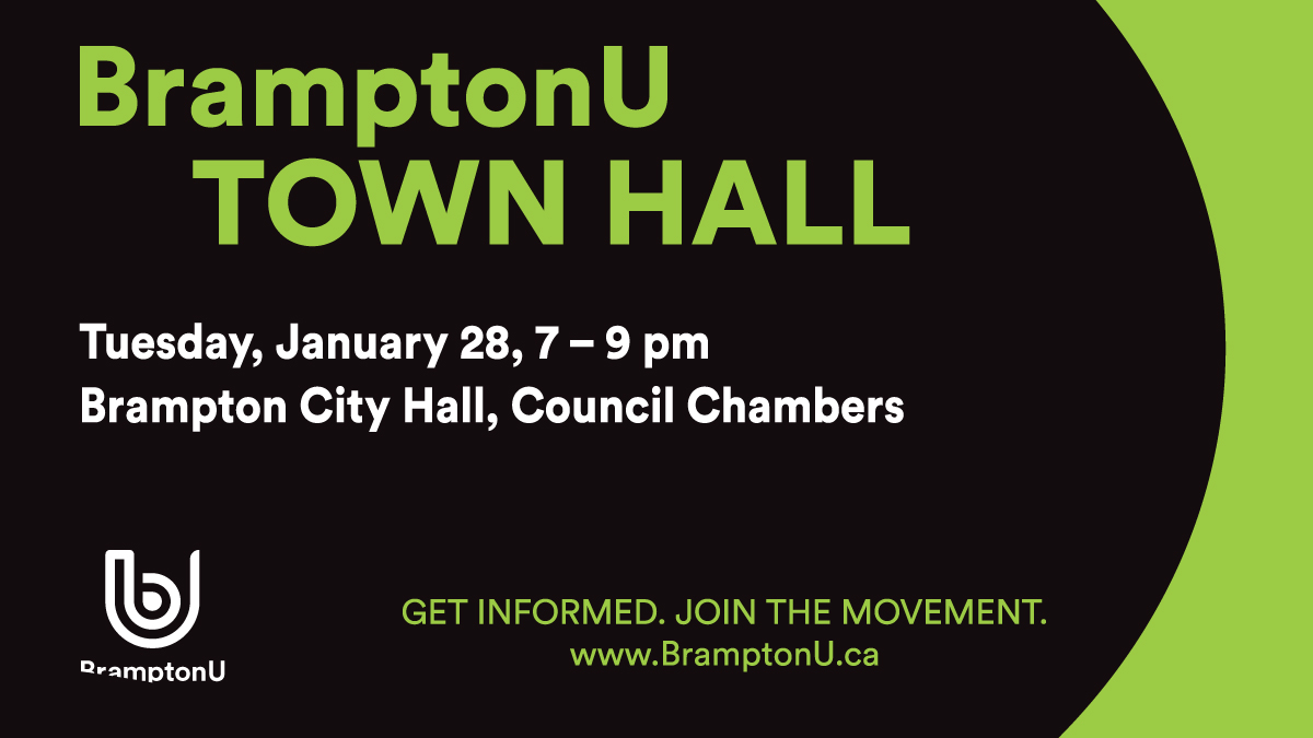brampton_u's tweet photo. We’re live at Brampton City Hall for the #BramptonU Town Hall! Follow this thread for the biggest takeaways from our panel of speakers and watch LIVE here: https://t.co/pyIBPa7Enn https://t.co/8wXJolqcFd