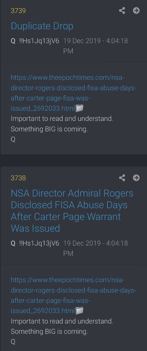 2runtherace's tweet photo. @realDonaldTrump @Patriot_126 Or is FISA DECLASS Coming?
FEAR IS REAL.
Something BIG is coming.
Q
#SomethingBigIsComing #FISADeclass #QAnon
@Patriot_126 https://t.co/q786wi2chF