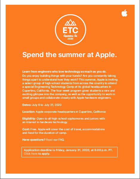 Spend the summer at Apple! <a href="/Apple/">Apple</a> is inviting a select group of high school students to attend a special Engineering Technology Camp this summer. For more information visit: bit.ly/2RCnsFM #Engineering #SummerFun #NSBE