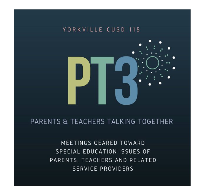 PT3 will meet on Feb 3 at 6pm in the YHS Library. The focus will be the Individual Education Program process. Please bring a copy of your child’s IEP with you. #Yorkville115 #StudentServices #PT3