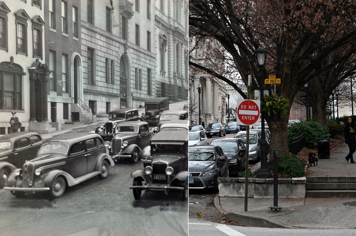 RetroBaltimore's tweet photo. Then-and-now photos: East Mount Vernon Place in 1937 and 2020  https://t.co/DWBuepBCM7 https://t.co/86oqq1BeCp
