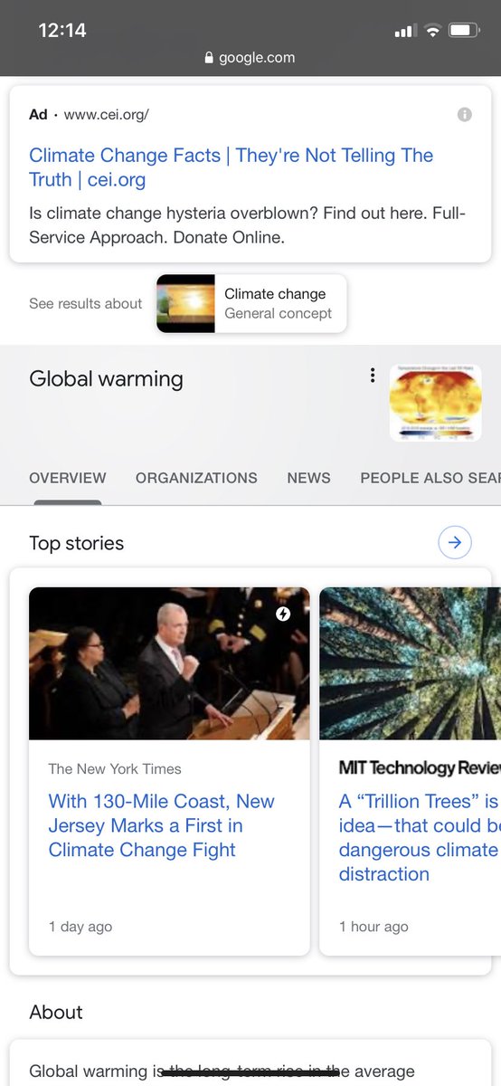 emily_secrest's tweet photo. My first three results are ads, the first one is political, and the second two are explaining what can be done about this problem. After those, I got the top stories involving climate change followed by the definition and multiple NASA links. #Soca1017D4 #filterbubbles https://t.co/ieMM4uhXPC