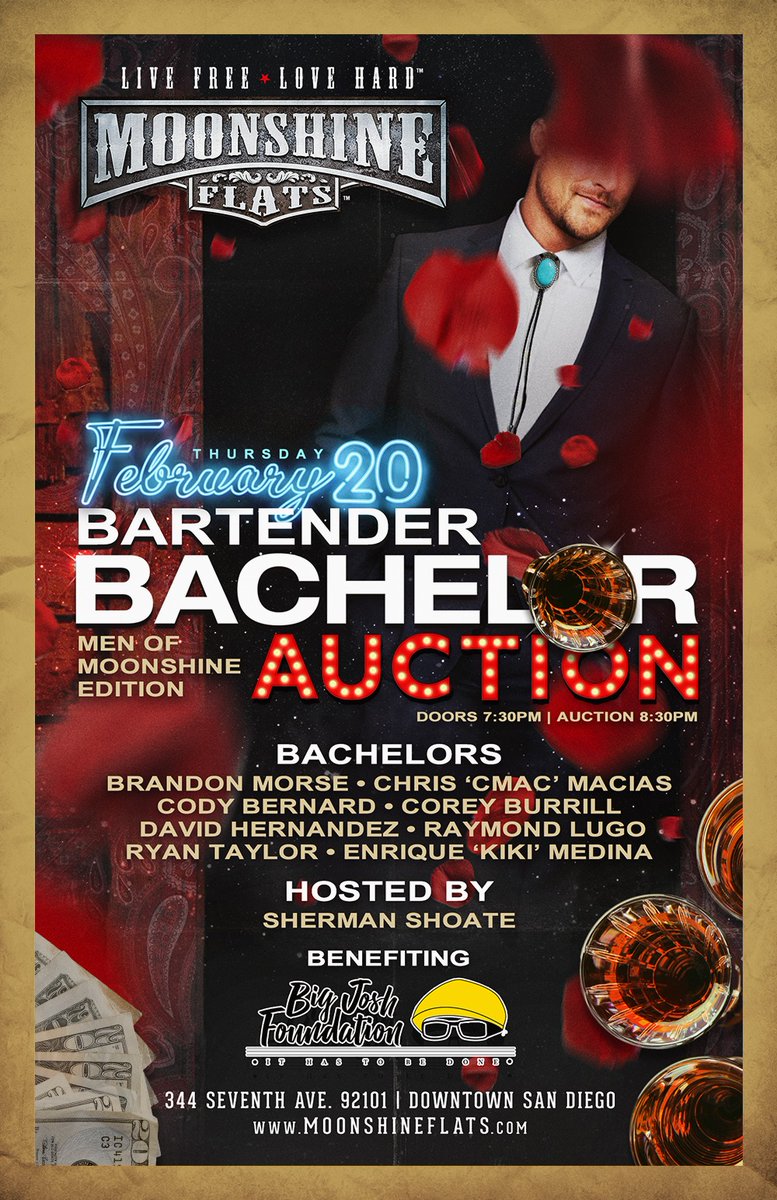 MoonshineFlats's tweet photo. Save a horse, date a cowboy—for a good cause! ❤️🤠

Here's your chance to go on a lovely date with the most eligible Men of Moonshine! Proceeds from our Bartender Bachelor Auction on 2/20 will be donated to @BigJFoundation. Bids start at $20-- start saving those dollar bills!💸 https://t.co/jePxXXq2zv