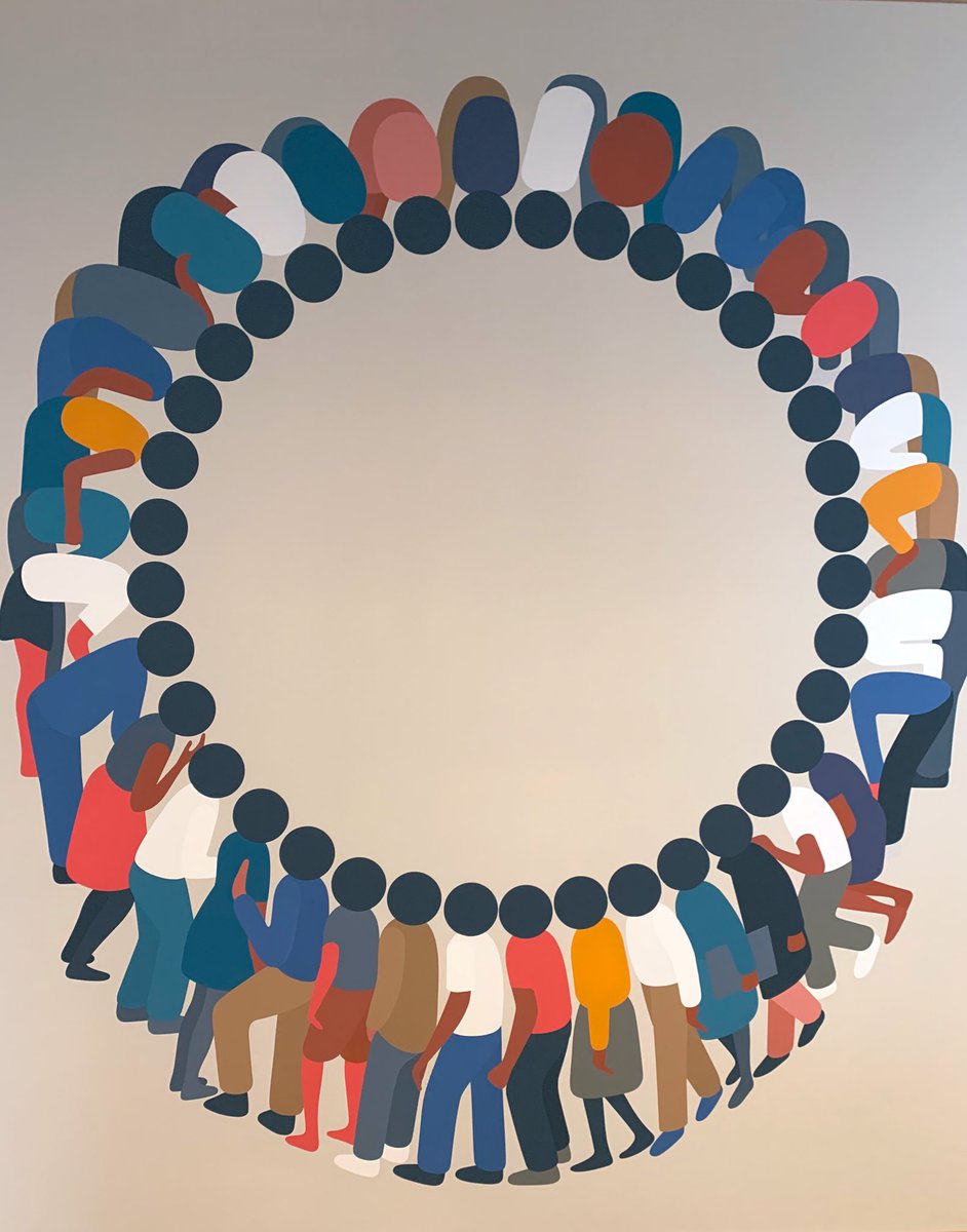 In the TD Bank Art Collection:
Geoff McFetridge reminds us that we are all connected in solidarity and ideas of social change. Oil on canvas - the figures, lean, prod and support the formation of a circle always in motion. #thereadycommitment
