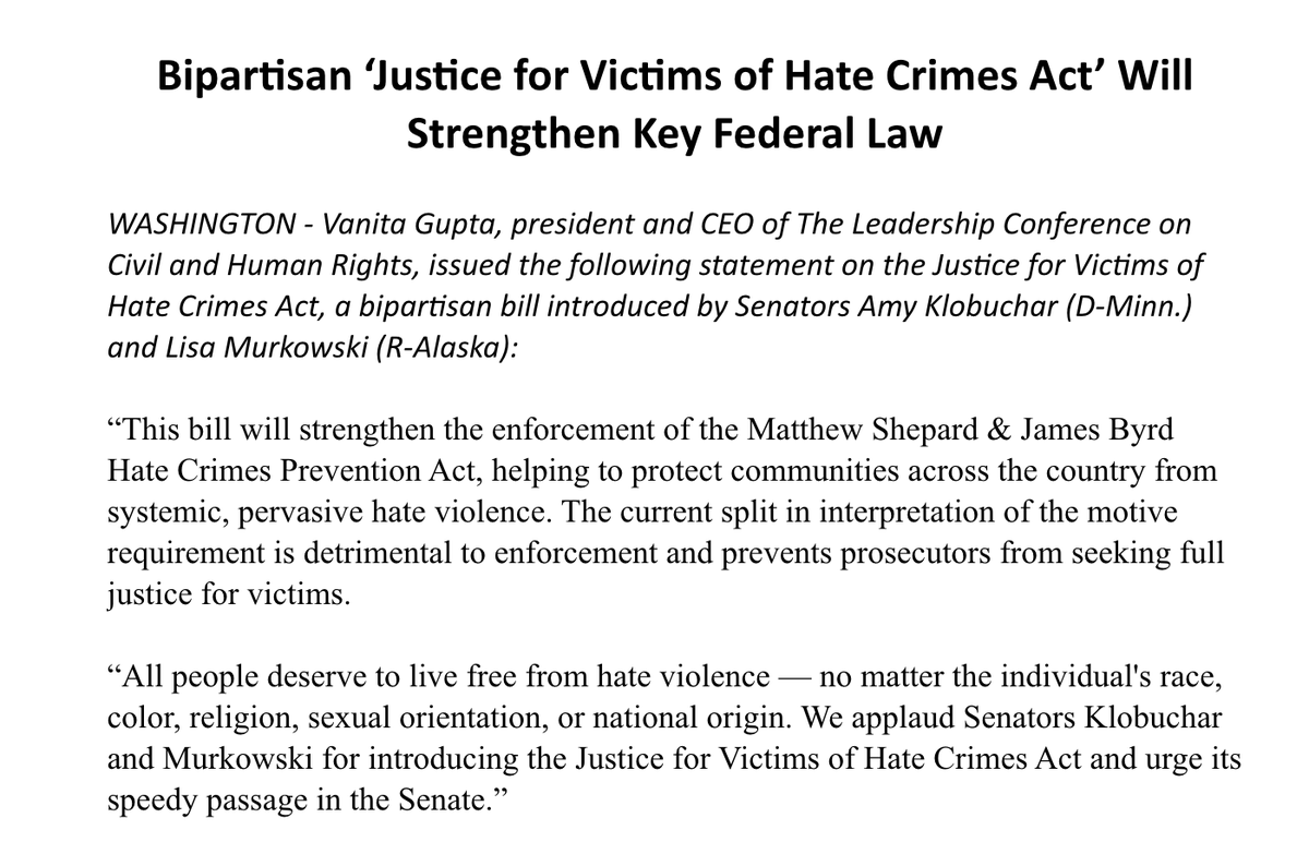 Screenshot of our statement applauding Senators Klobuchar and Murkowski on their introduction of the Justice for Victims of Hate Crimes Act. The full statement can be read at the link in the original tweet.